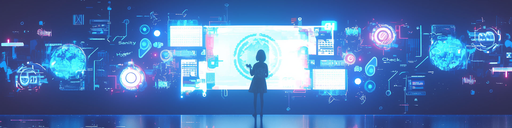 A futuristic scene featuring a silhouetted figure standing in front of a large, holographic digital interface filled with vibrant blue and pink hues. The interface displays various high-tech visual elements, including charts, globes, icons, and complex data visualizations, giving the impression of advanced technology or a command center. The figure appears to be analyzing or interacting with the data, suggesting a role in cybersecurity, research, or artificial intelligence. The glowing holograms and digital symbols create a sci-fi atmosphere, evoking themes of innovation, exploration, and technology.