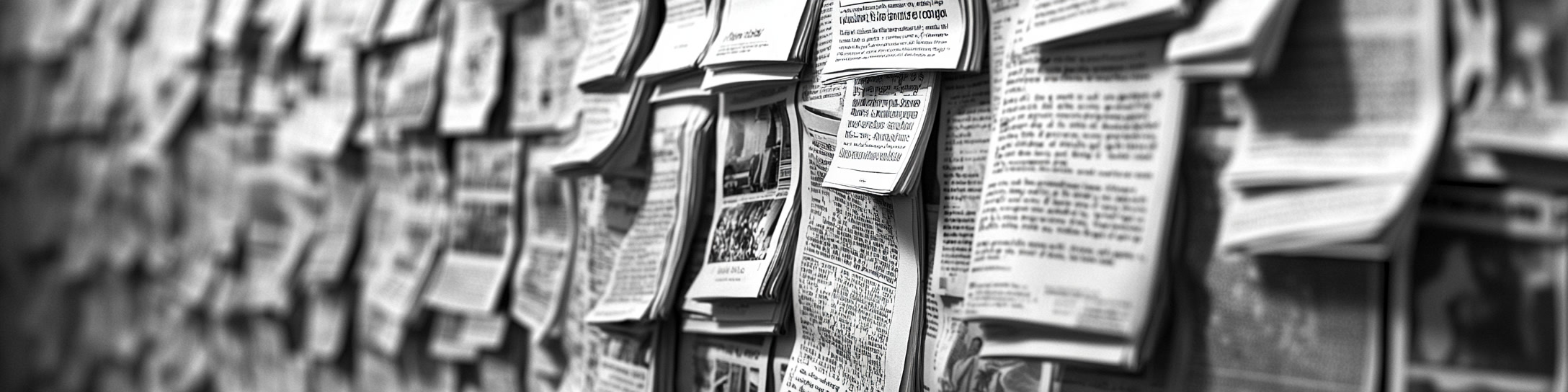 A black-and-white close-up of a densely packed bulletin board filled with numerous newspaper clippings, articles, and notes, some overlapping and pinned at various angles. The out-of-focus background adds depth, drawing attention to the layered and textured display of paper. The scene suggests an investigation or research, with carefully curated information, possibly representing a crime board or a collection of significant stories. The monochromatic tone enhances the dramatic and mysterious atmosphere, emphasizing the diverse range of text and images captured on the board.